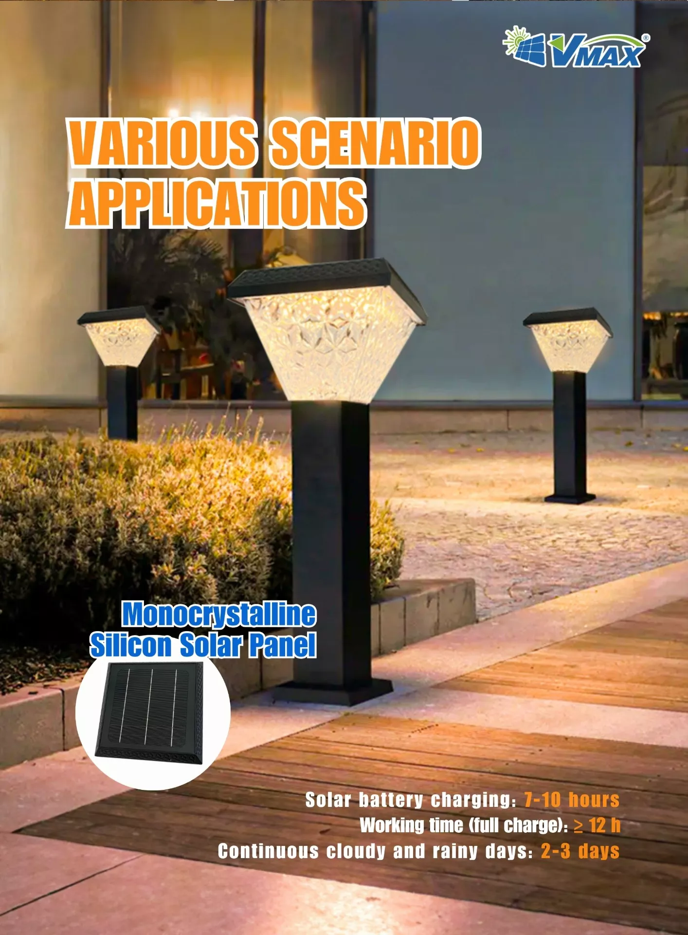 VMAX solar LED garden post lamp with monocrystalline silicon solar panel installed in multiple outdoor applications including pathways and landscapes