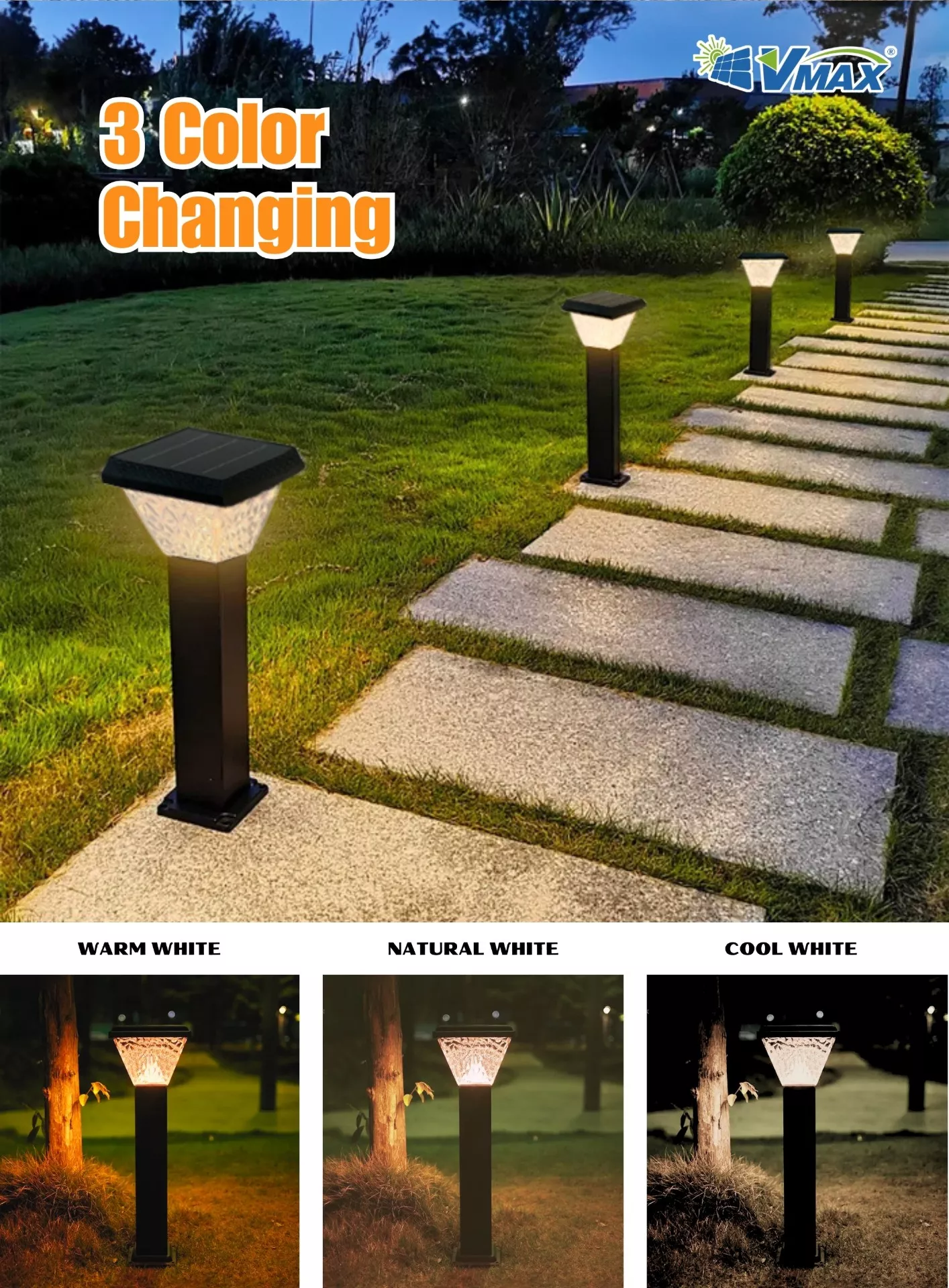 Solar LED garden post lights with 3 color changing modes including warm white, natural white and cool white for outdoor pathway lighting
