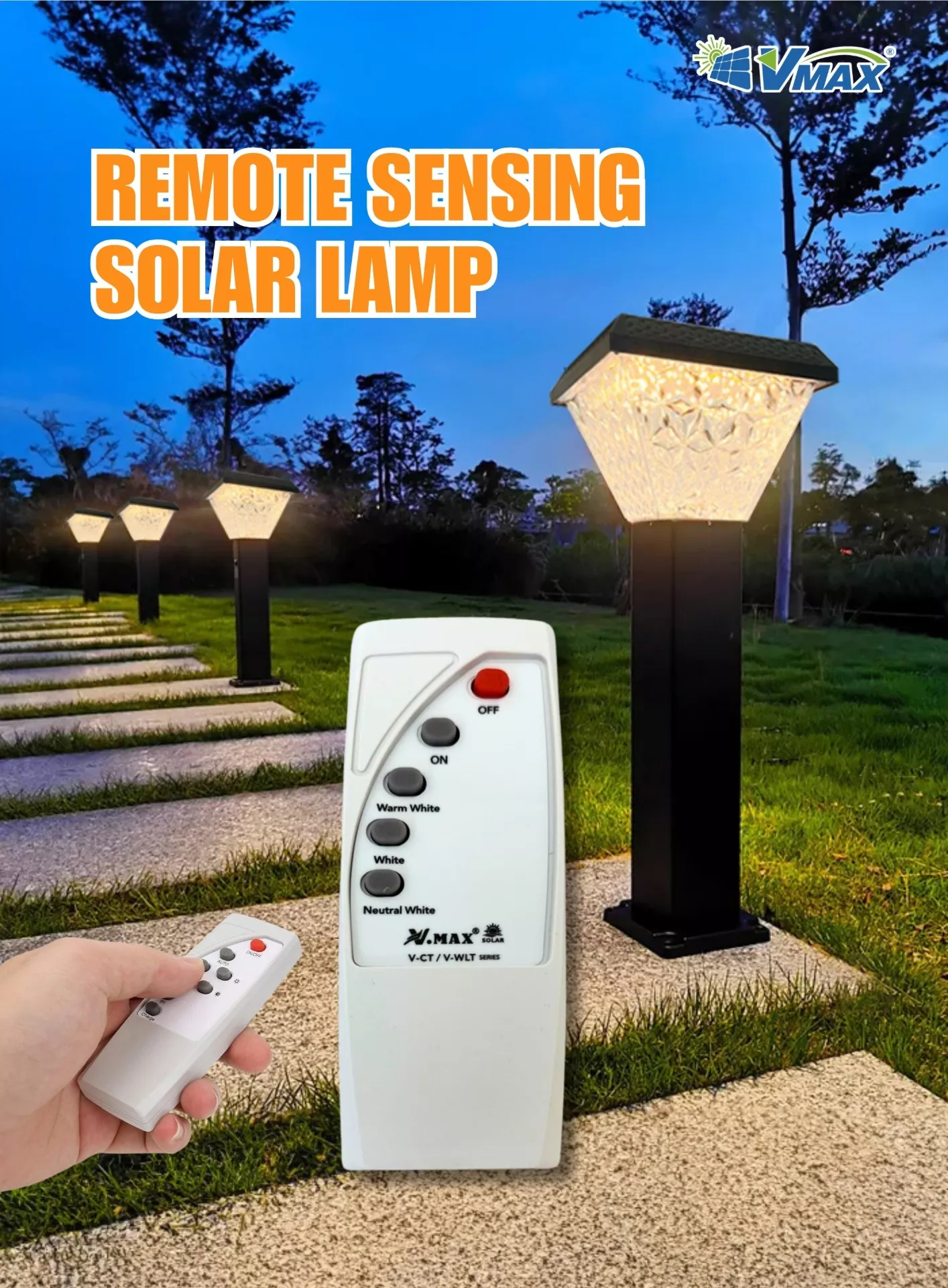 Remote controlled solar garden post lamp with adjustable light color modes and brightness for smart outdoor pathway and garden lighting