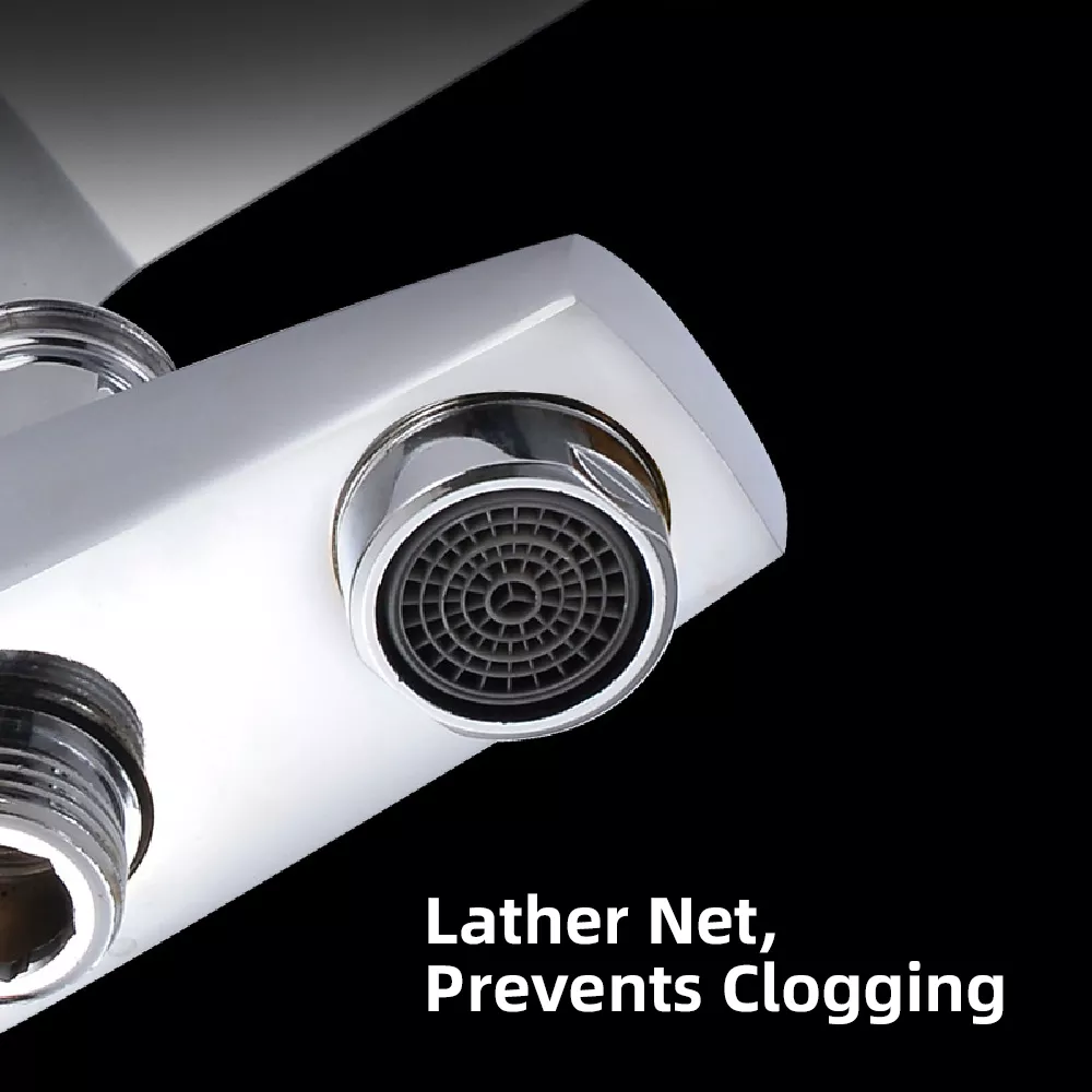 Detailed view of the integrated lather net filter inside the faucet spout designed to prevent clogging and aerate water flow