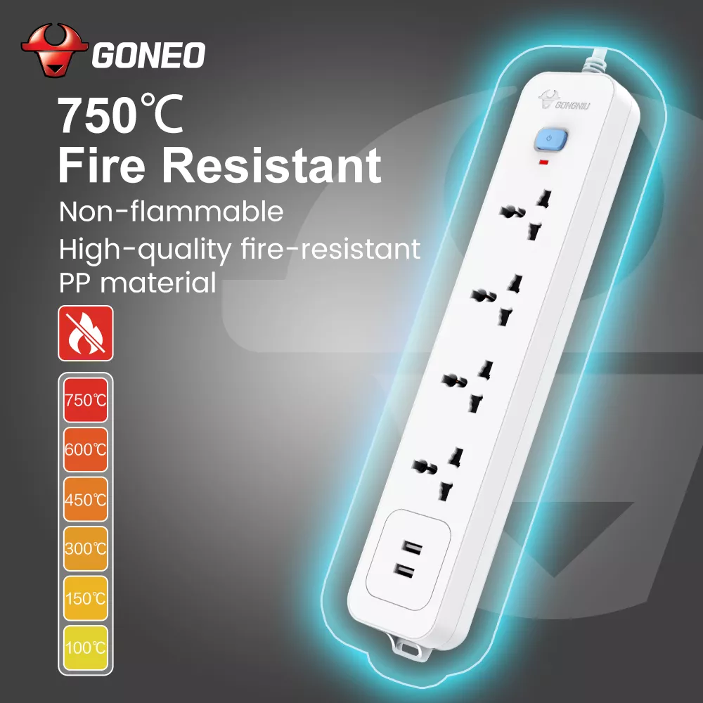 A white GONGNIU extension lead with 3 AC outlets and 2 USB ports sitting on a desk next to a laptop.