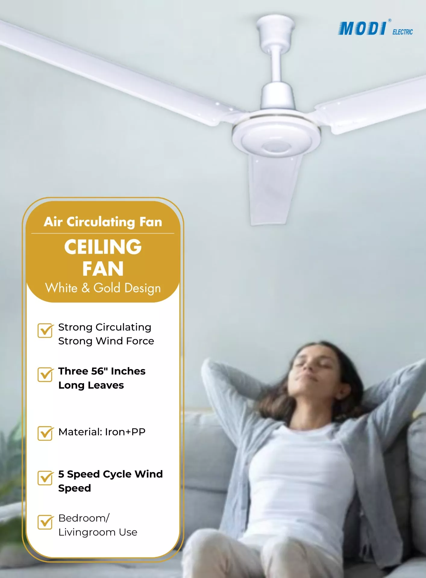 Picture of MODI 52-Inch Modern Industrial Ceiling Fan – 90W High-Efficiency Copper Motor, Ultra-Quiet 3-Blade Design for Living Room & Bedroom (White)
