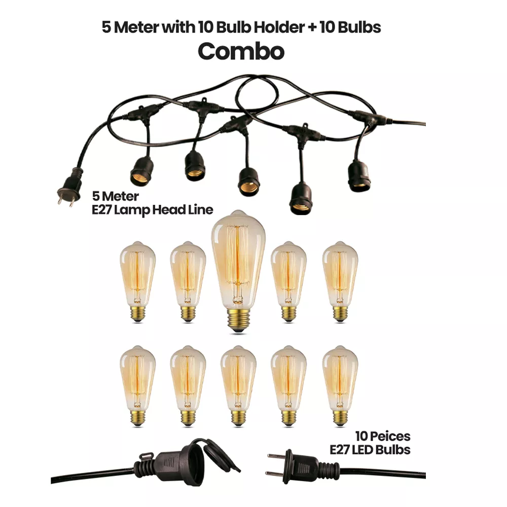 5-meter outdoor lighting kit showing 10 E27 sockets, 10 LED bulbs, and end-to-end power connectors.