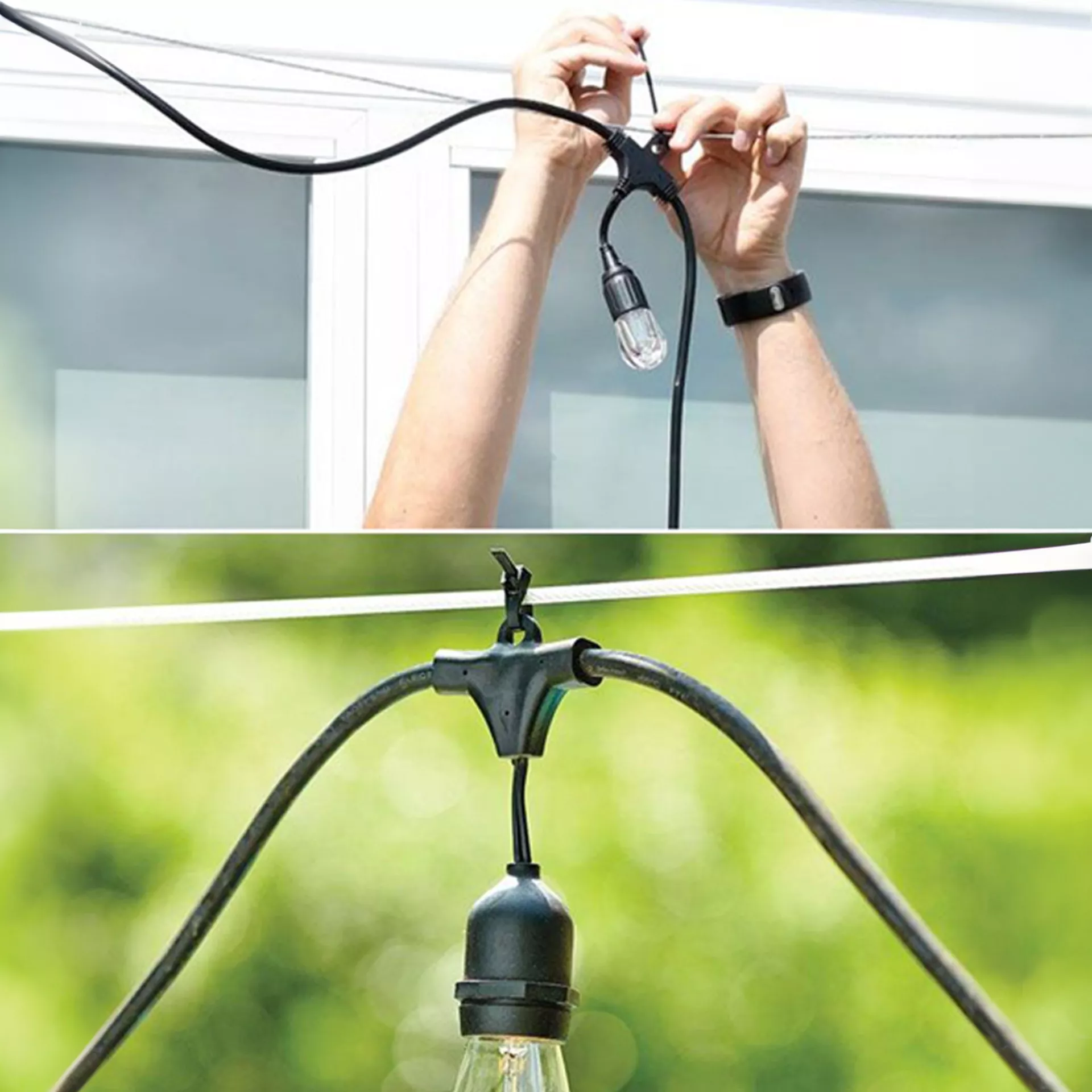 Person hands installing a waterproof E27 string light socket onto a guide wire outdoors.
