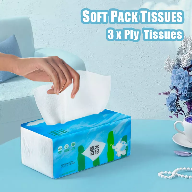 Soft pack 3-ply facial tissue being pulled from pack – gentle and skin-safe