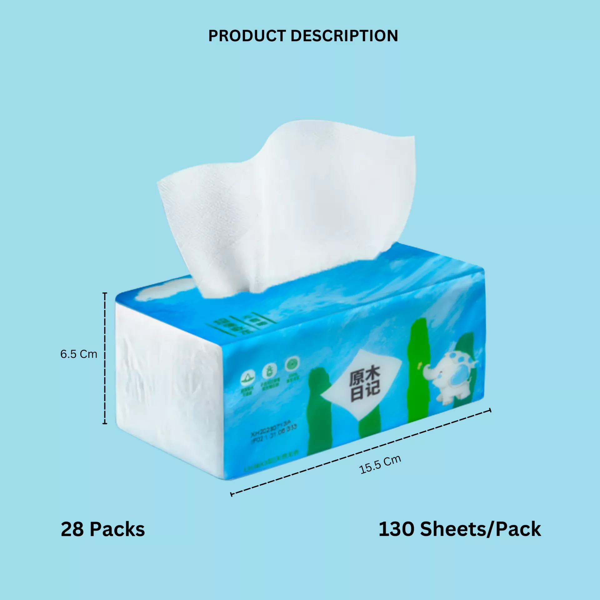Soft facial tissue pack dimensions – 13.5 cm x 6.5 cm with 136 sheets per pack