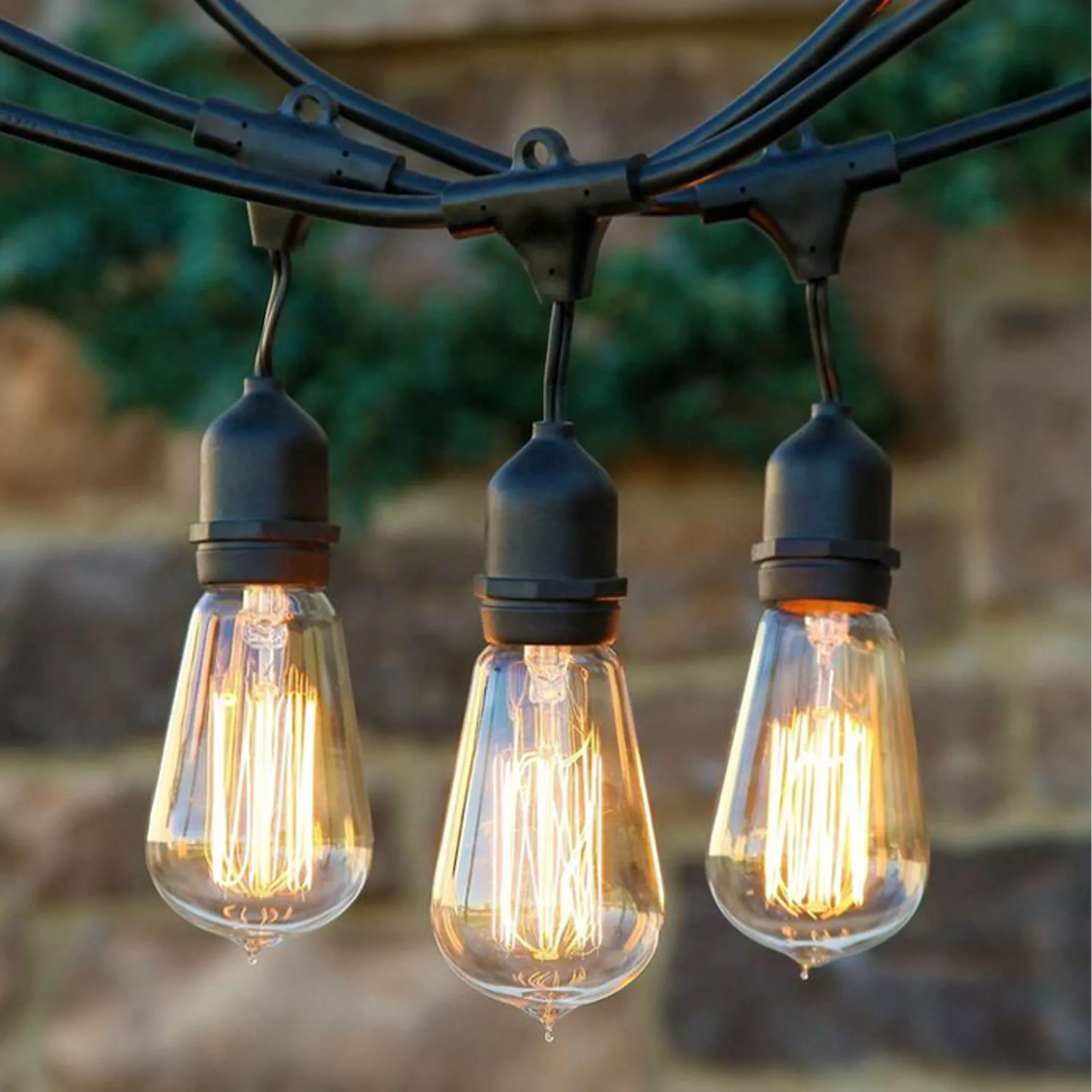garden fence decorated with warm outdoor string lights