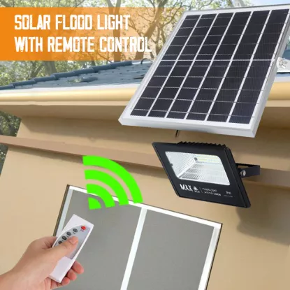 solar flood light with remote control installed on wall