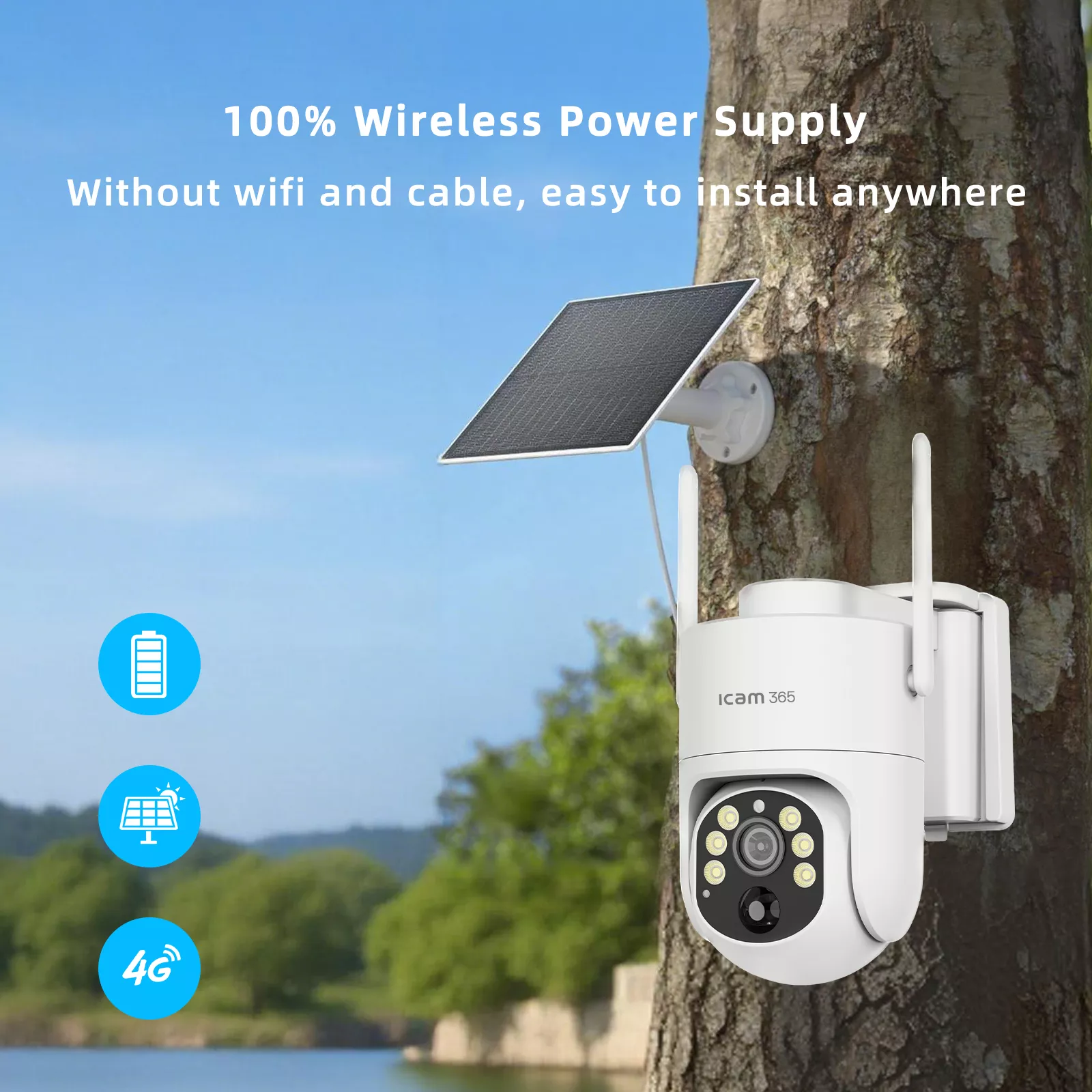 Wireless solar security camera installed outdoors without WiFi