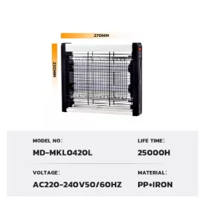 Technical specifications of LED mosquito zapper with model number, size, voltage, and materials