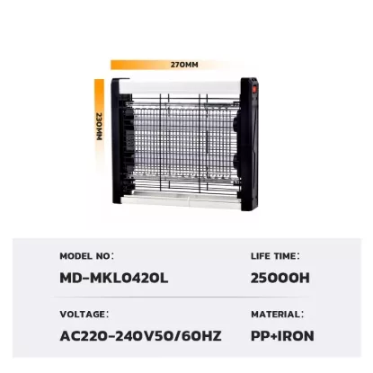 Technical specifications of LED mosquito zapper with model number, size, voltage, and materials