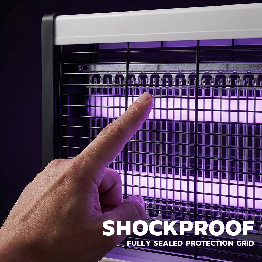 Electric insect zapper grid with mosquitoes flying toward UV light