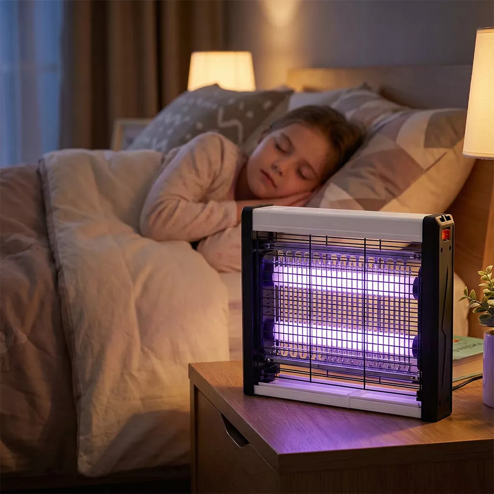 Child sleeping next to silent LED mosquito killer on bedside table