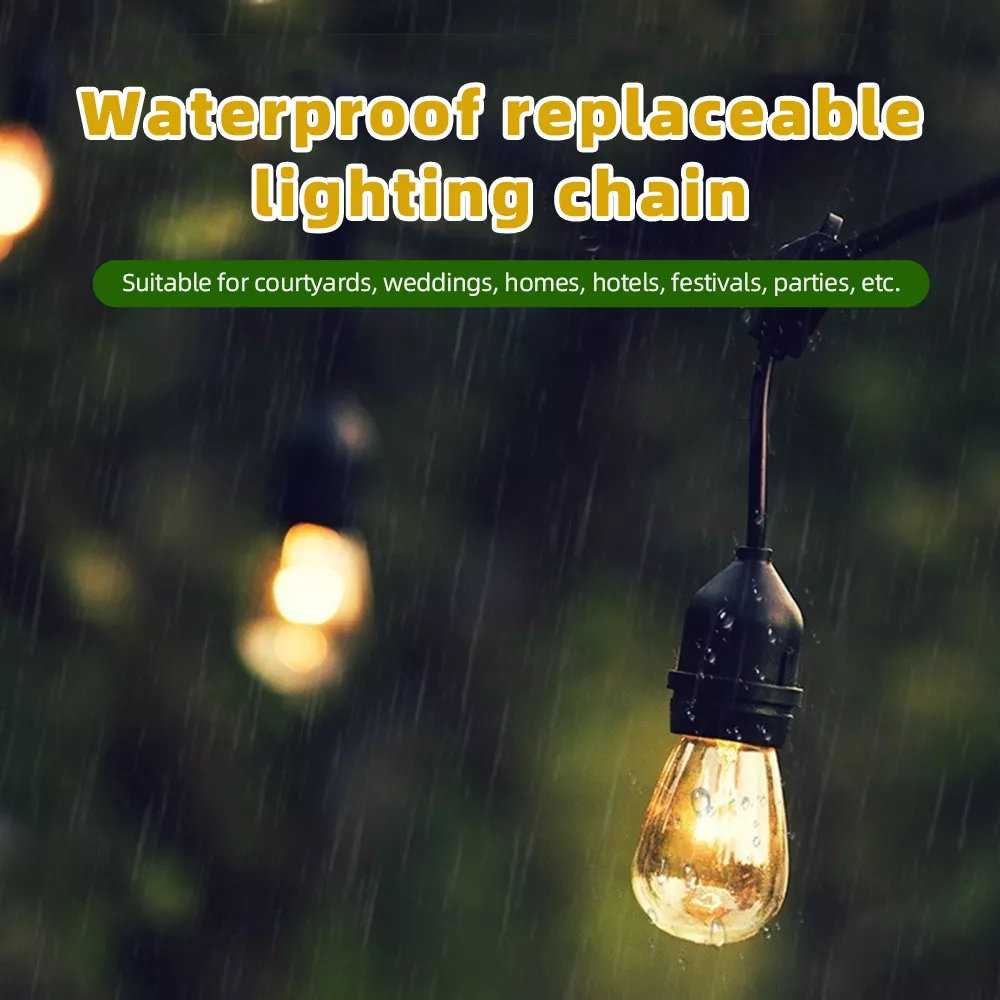 Close-up of waterproof LED bulb under rain – outdoor-rated solar string light