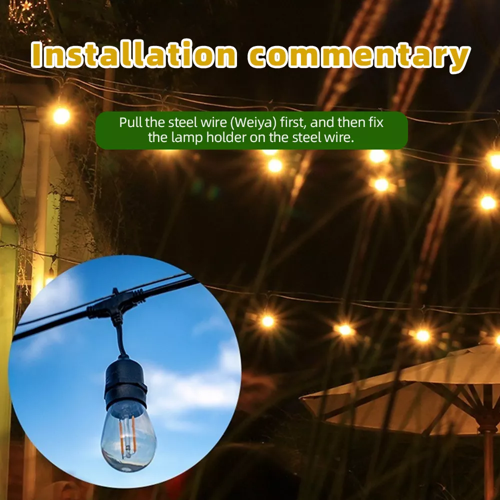 Solar string light installation showing steel wire mounting setup