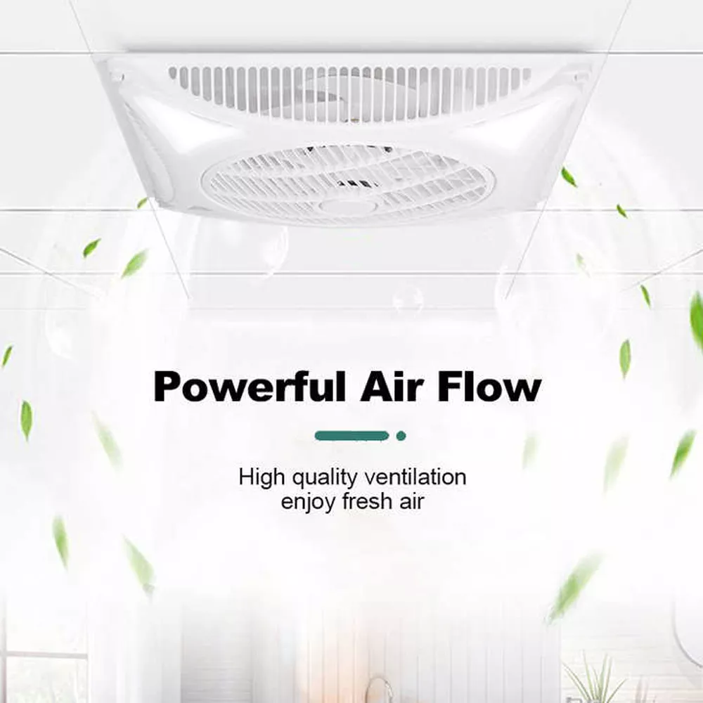 Ceiling mounted exhaust fan showing powerful air flow circulation, high quality ventilation system for fresh and healthy indoor air.