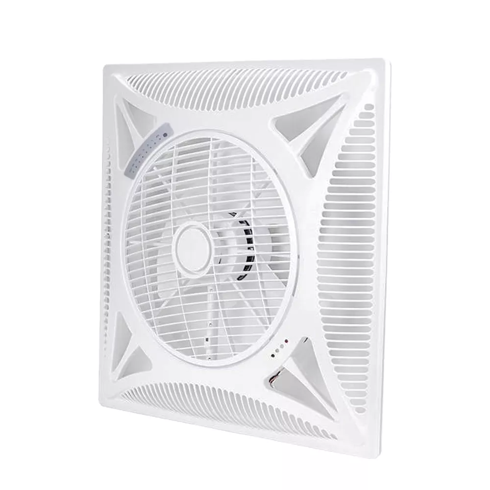 Square ceiling mounted exhaust fan with central airflow grill, white ventilation fan designed for bathrooms, kitchens, and indoor air circulation.