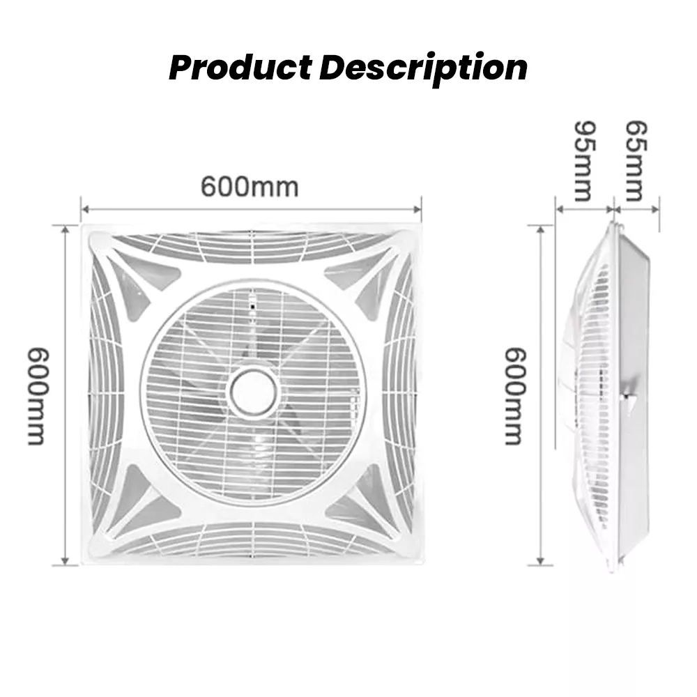 Ceiling exhaust fan size diagram showing 600mm by 600mm panel and slim profile depth, suitable for modern ceiling installation.