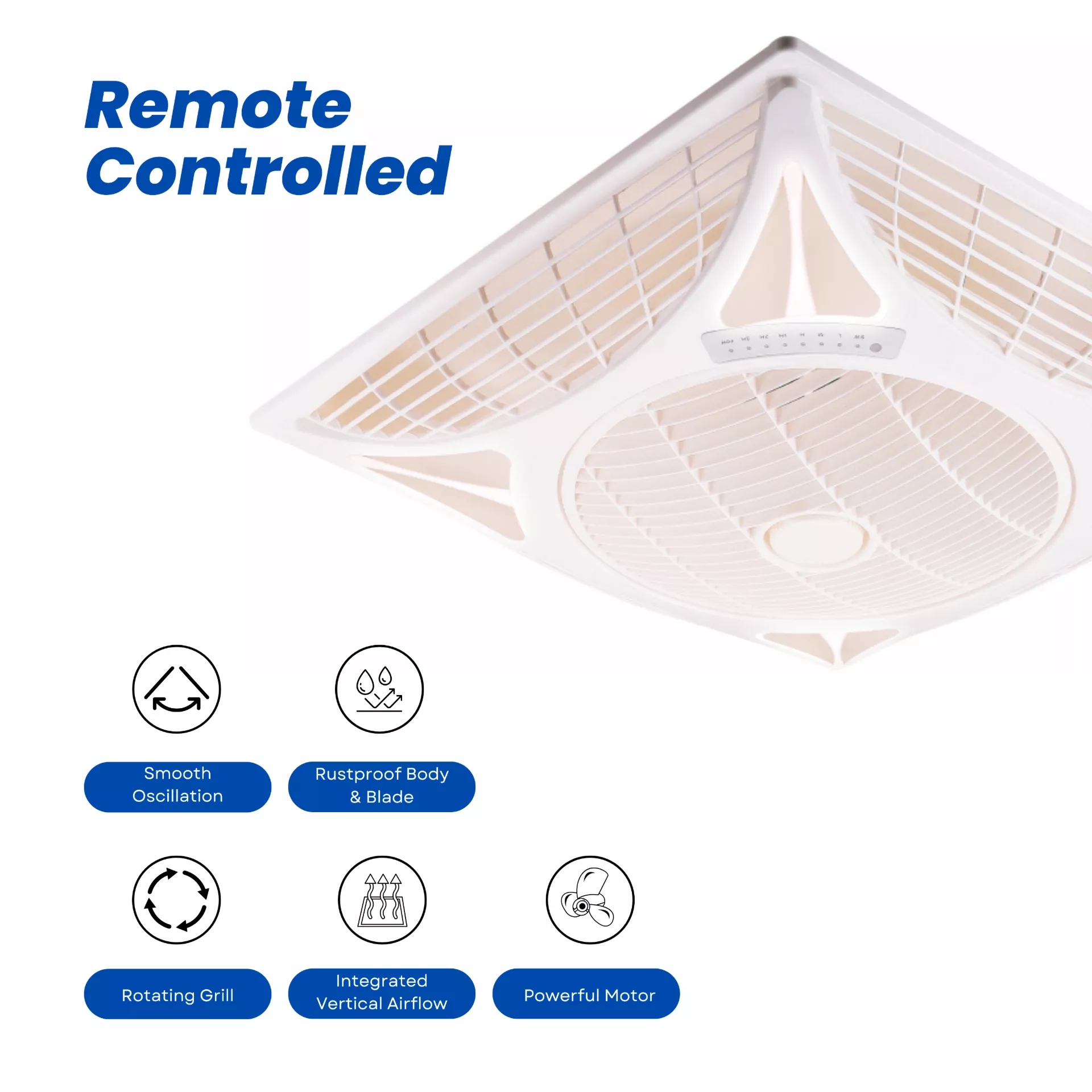 Remote controlled ceiling exhaust fan with smooth oscillation, rustproof body, rotating grill, and powerful motor for efficient ventilation.