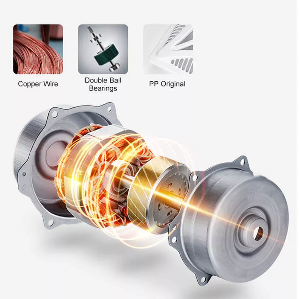 Exhaust fan internal motor structure with copper wire coil, double ball bearings, and high performance ventilation motor components.