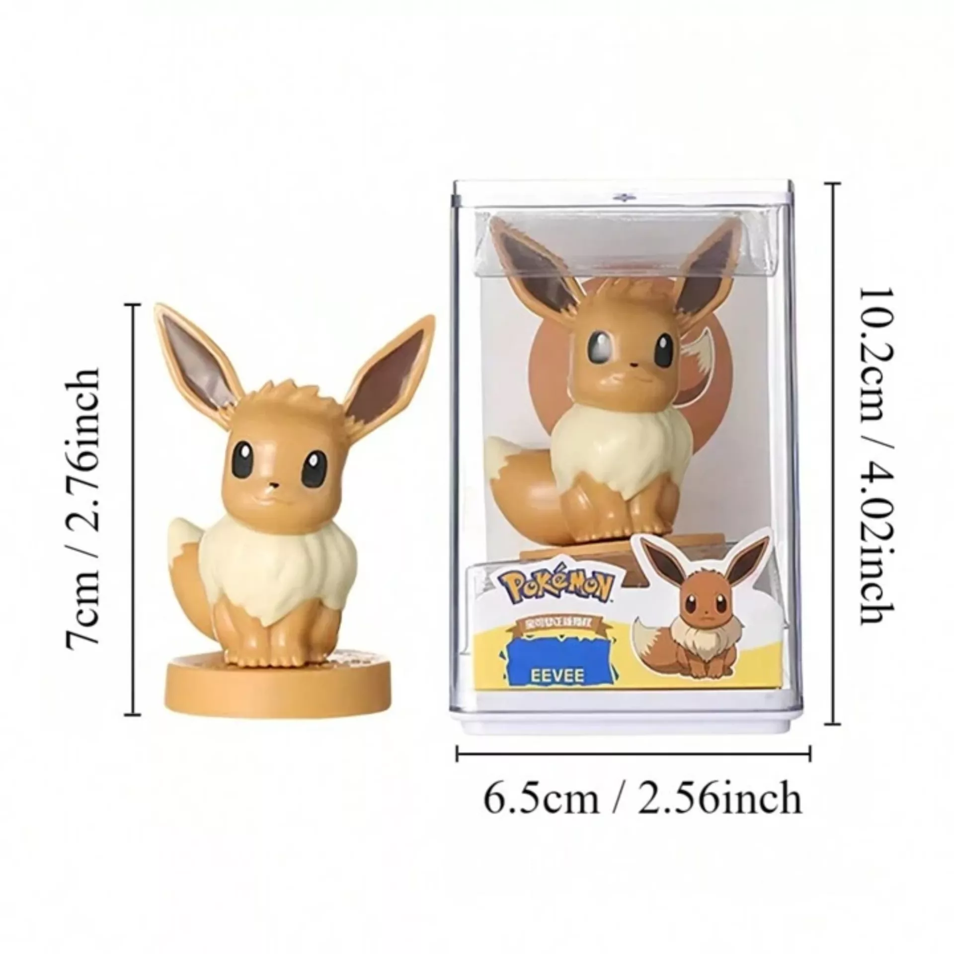 Eevee Pokémon stamp toy shown inside clear display box and outside, collectible eraser stamp for school stationery.
