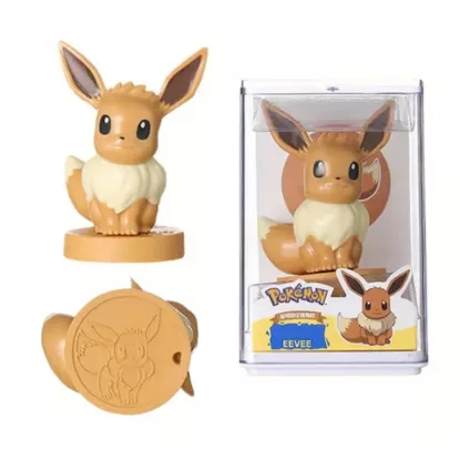 Eevee Pokémon character stamp figurine with display box, cute collectible stationery toy for kids and students.