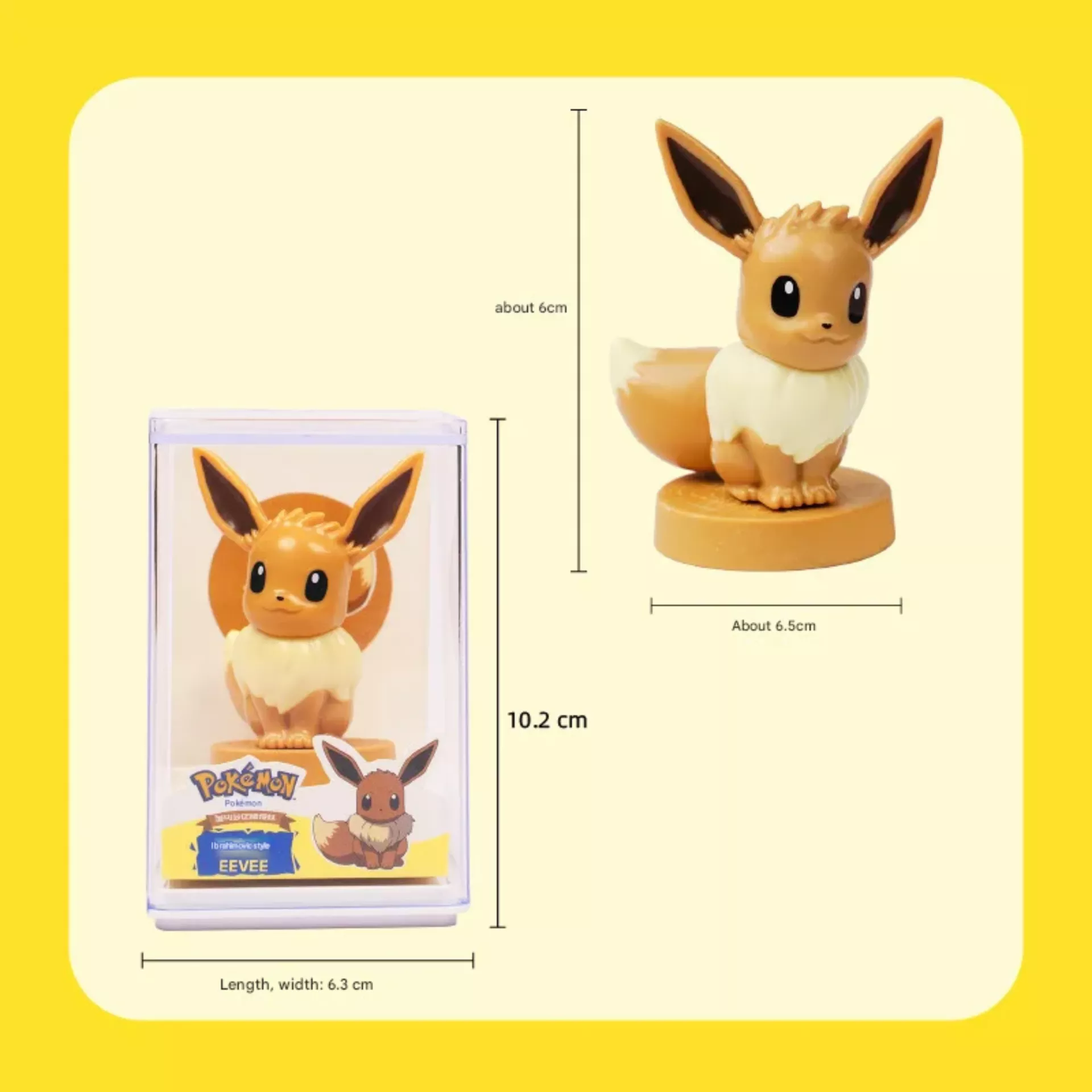 Eevee Pokémon stamp size guide showing 10.2 cm box height and 6.5 cm figurine width for stationery collectors.
