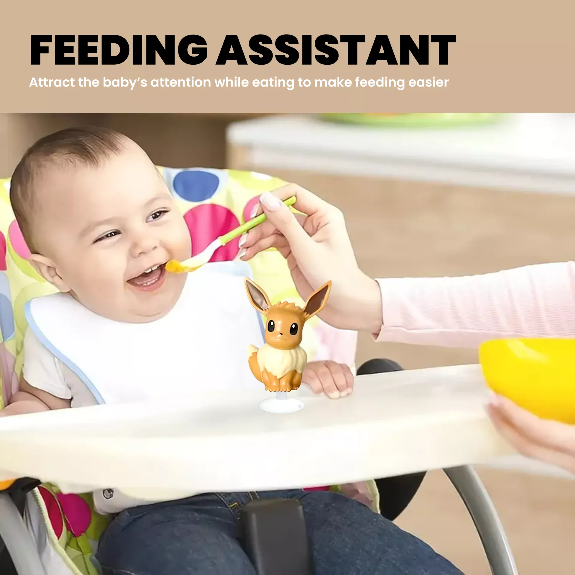 Eevee suction cup toy used as baby feeding assistant to attract attention during meals.