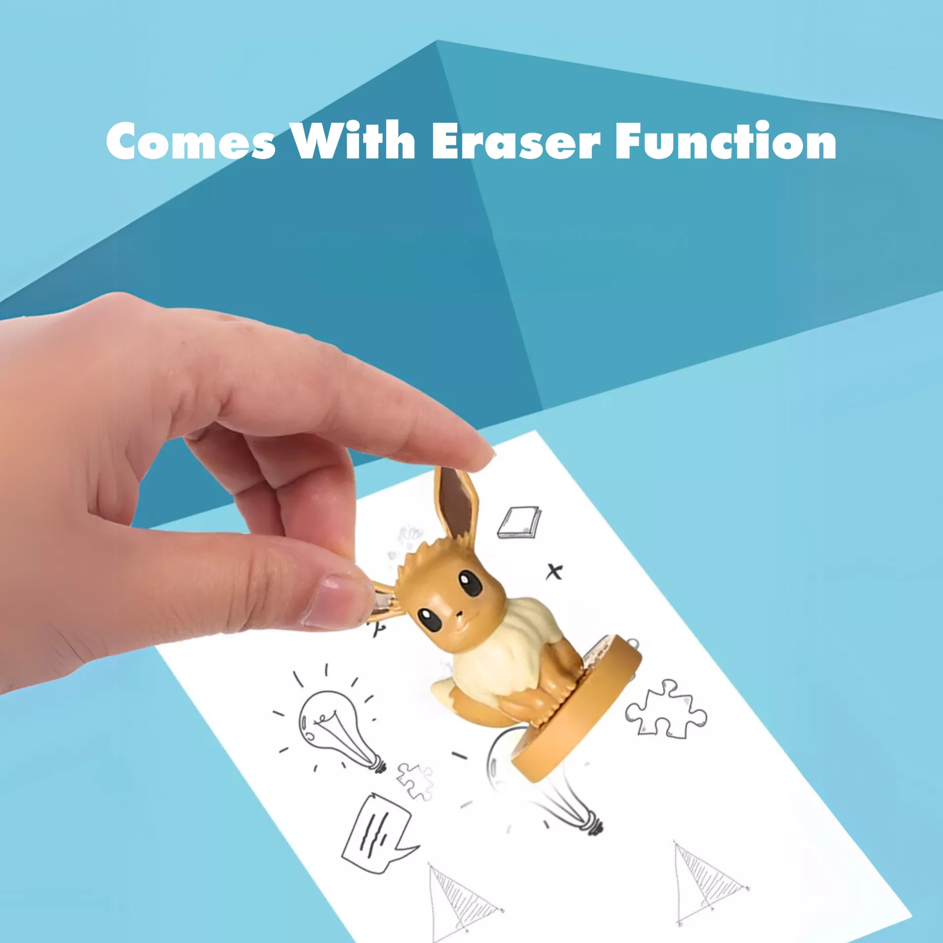 Eevee Pokémon eraser stamp in use on paper, fun educational stationery toy for kids.