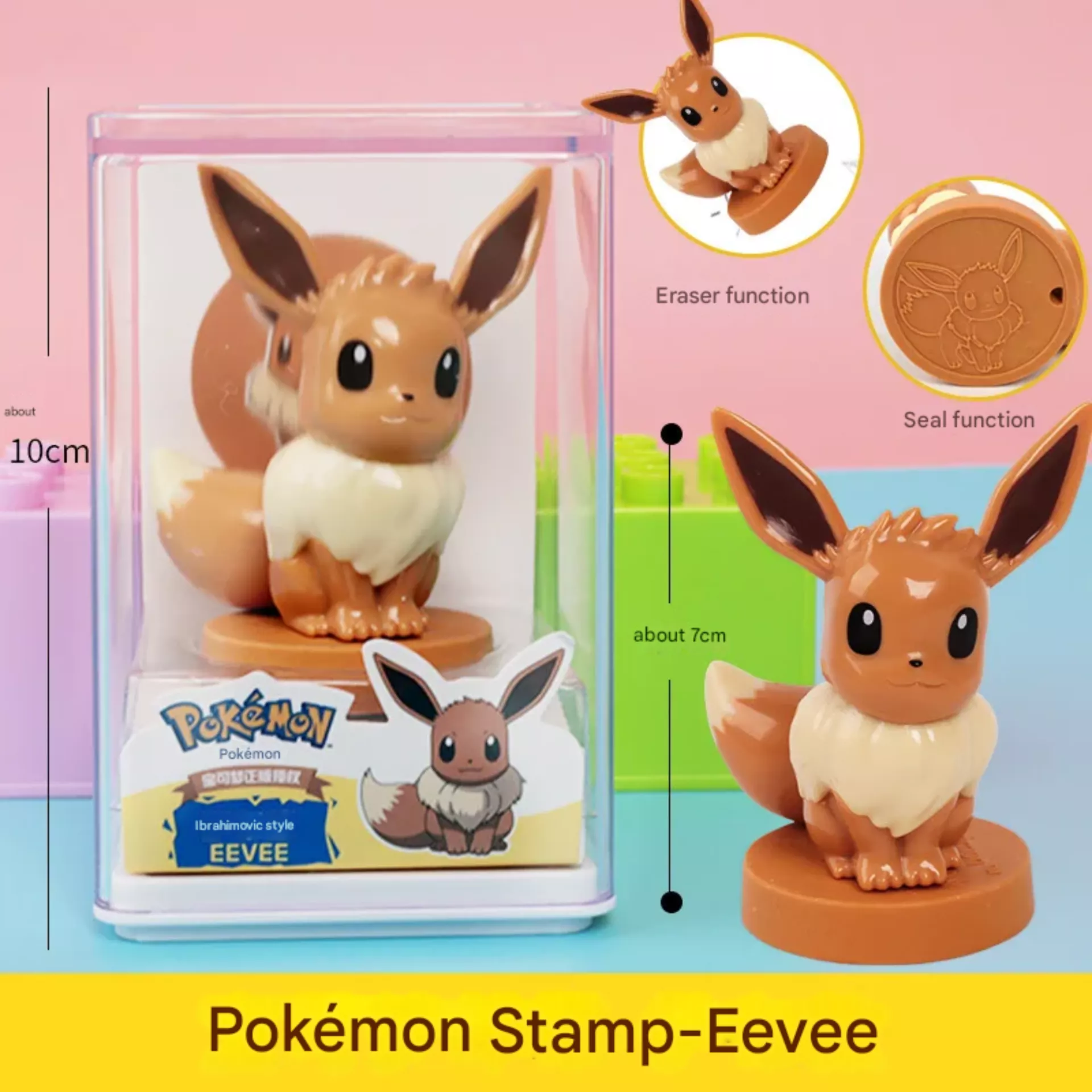 Eevee Pokémon stamp toy with eraser head and suction cup base, multi-function stationery collectible.
