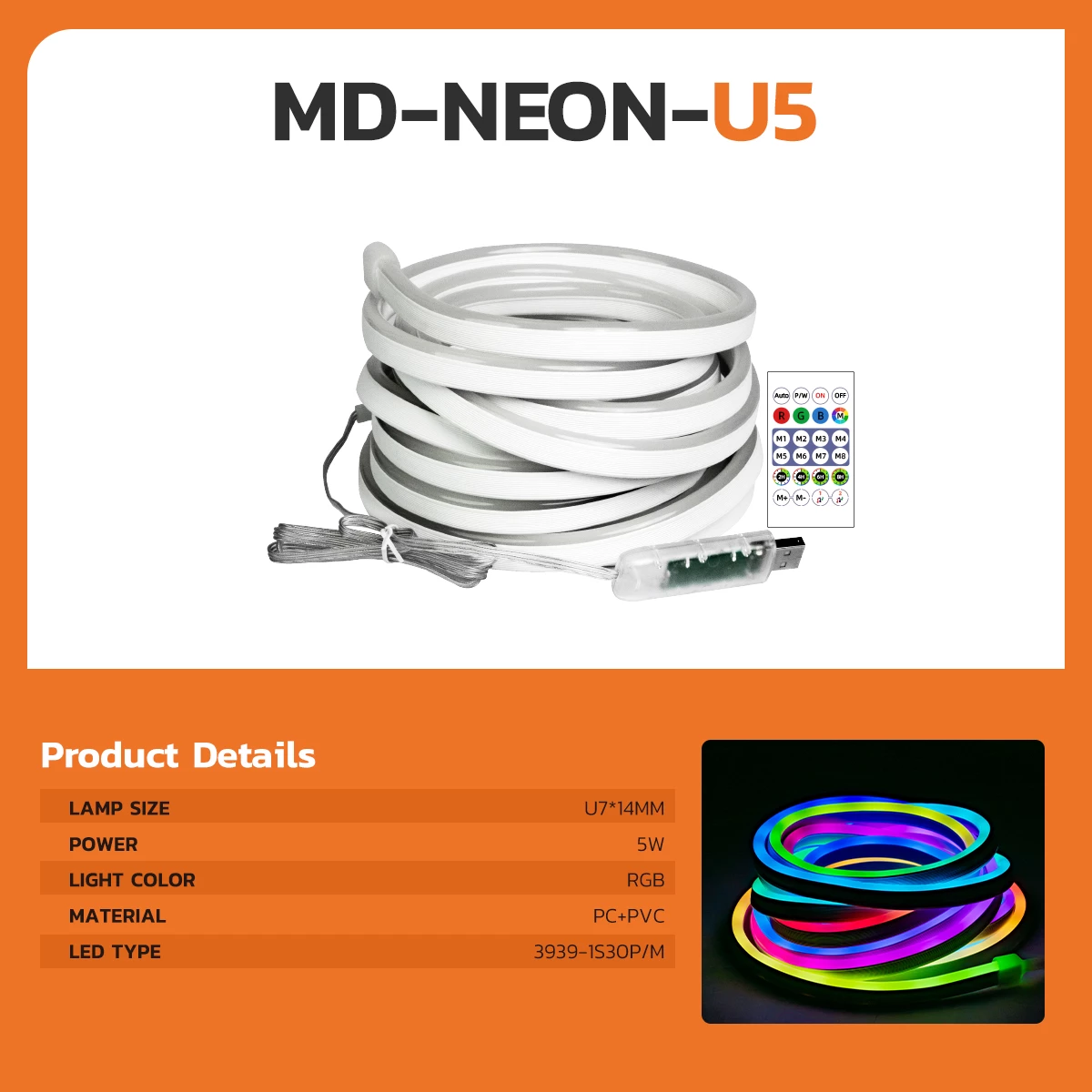 MODI 5M RGB LED Strip with USB Controller, Remote, and Retail Packaging