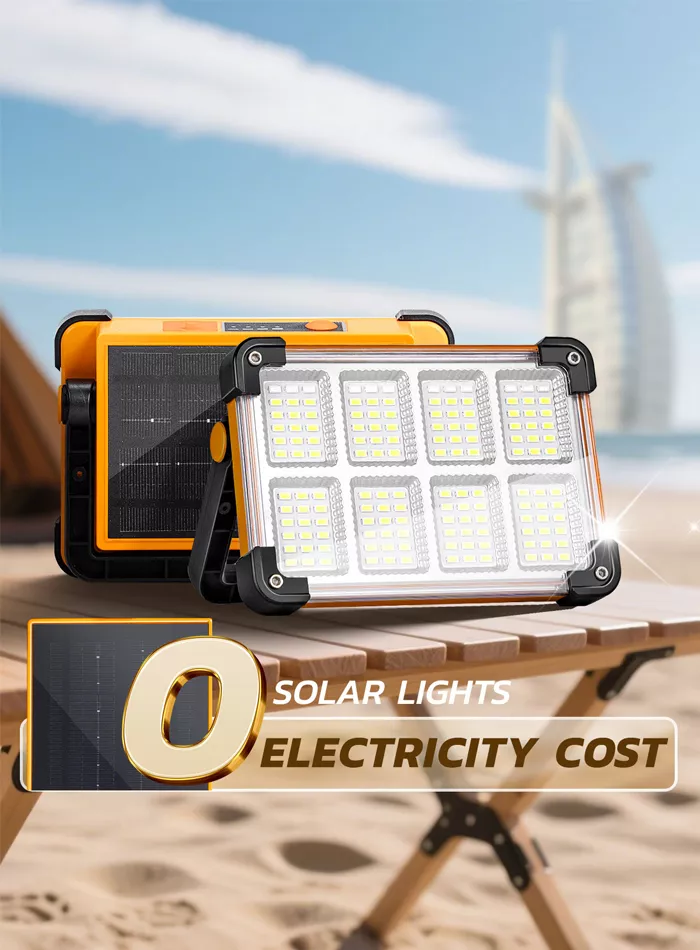 Solar LED floodlight with no electricity cost placed on beach table