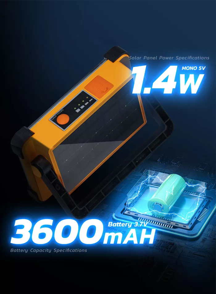 Close-up of solar panel and 3600mAh battery for LED floodlight