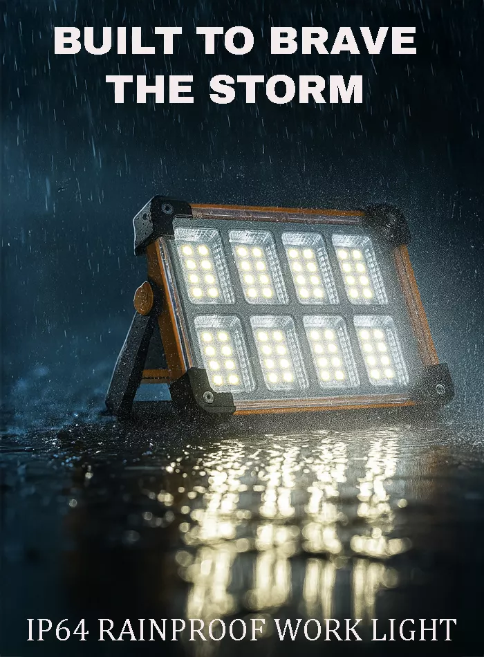 Solar LED work light in heavy rain – IP64 waterproof and weatherproof