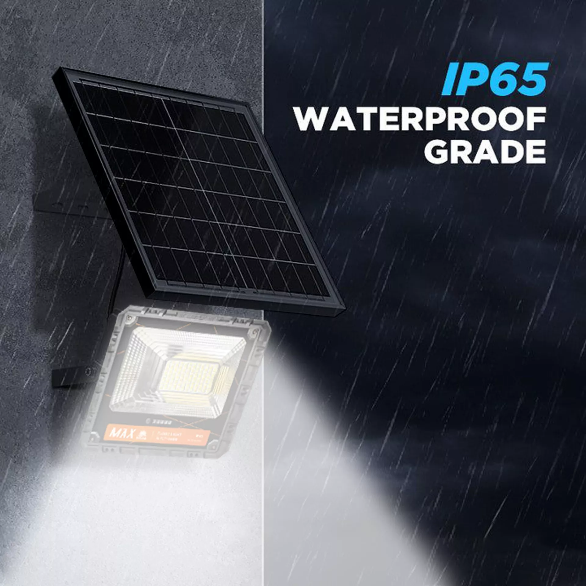 Wall-mounted solar LED floodlight with IP65 waterproof rating during heavy rain