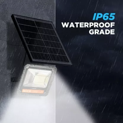 Wall-mounted solar LED floodlight with IP65 waterproof rating during heavy rain