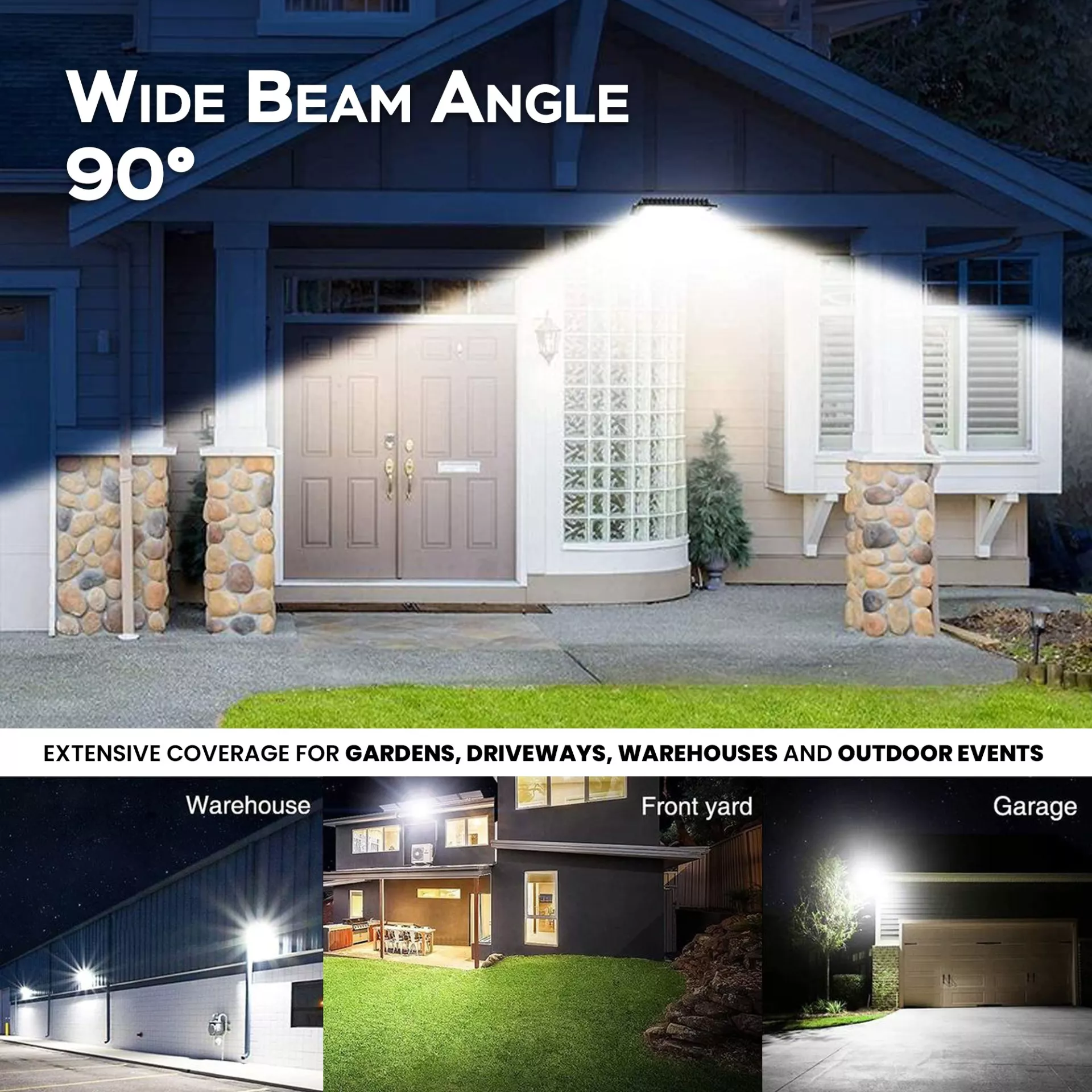 “Solar light with 90-degree wide beam angle lighting up front porch and surrounding area