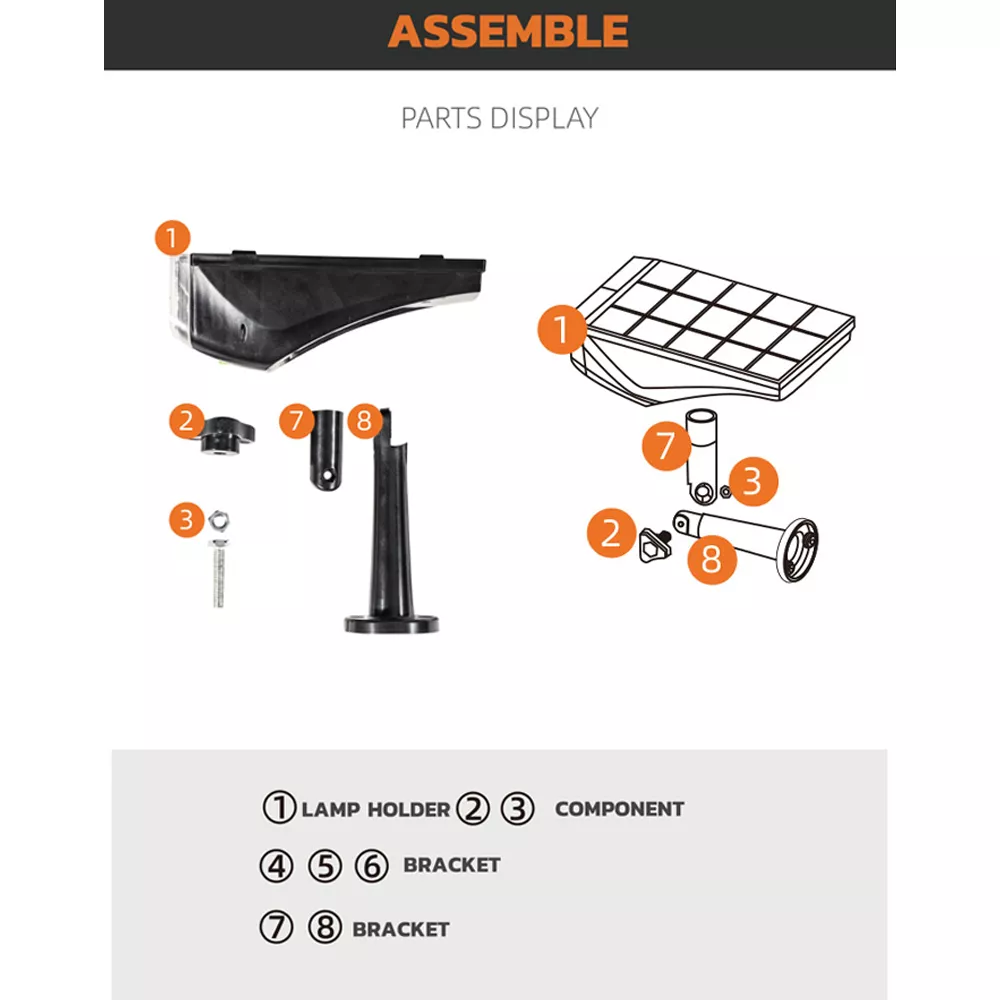 Assembly instructions for solar spotlight including lamp holder and brackets
