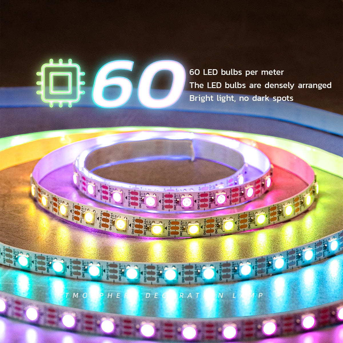 Close-up of RGB LED strip showing 60 LEDs per meter with vibrant lighting