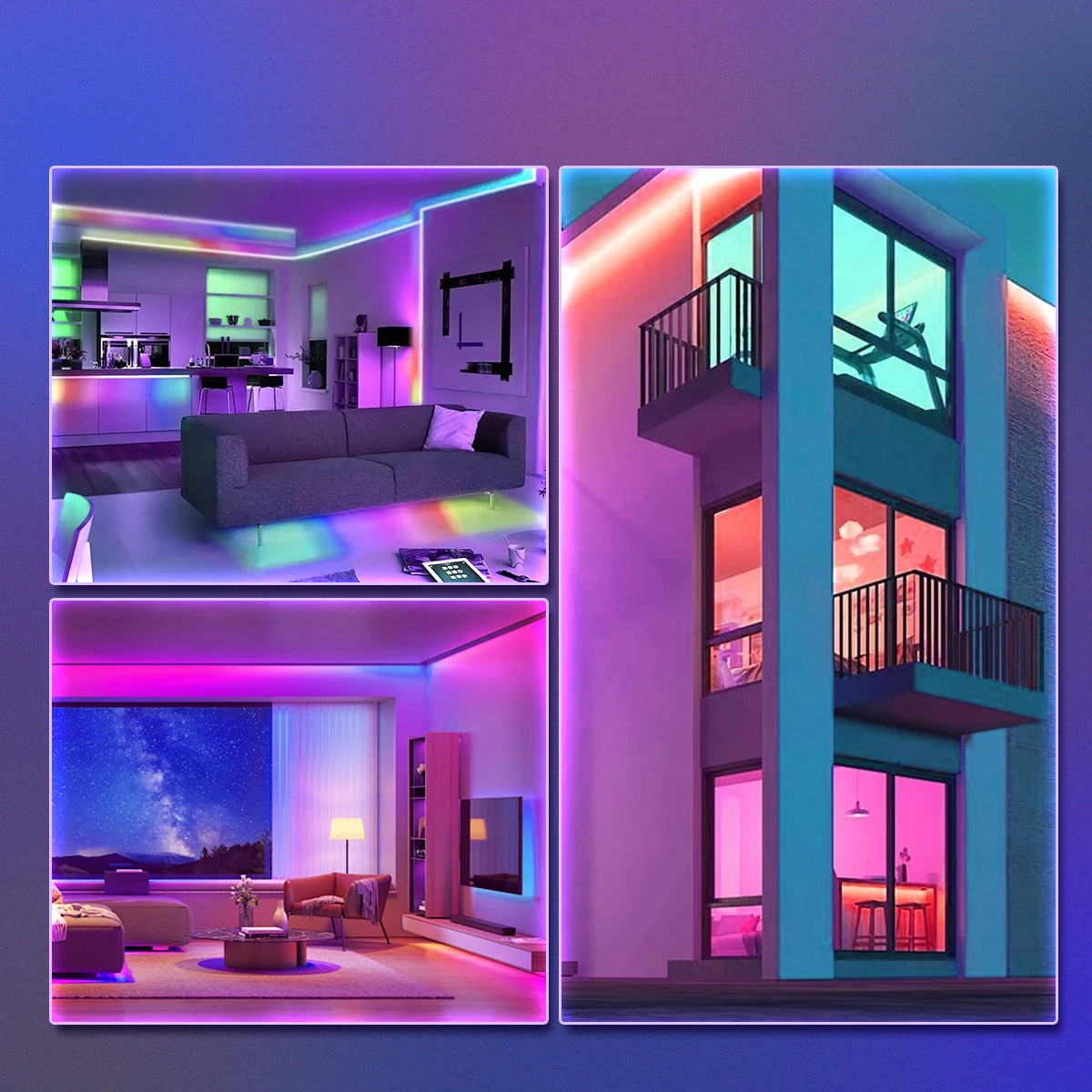 Living room lit with purple LED strip lights showing multiple atmosphere modes