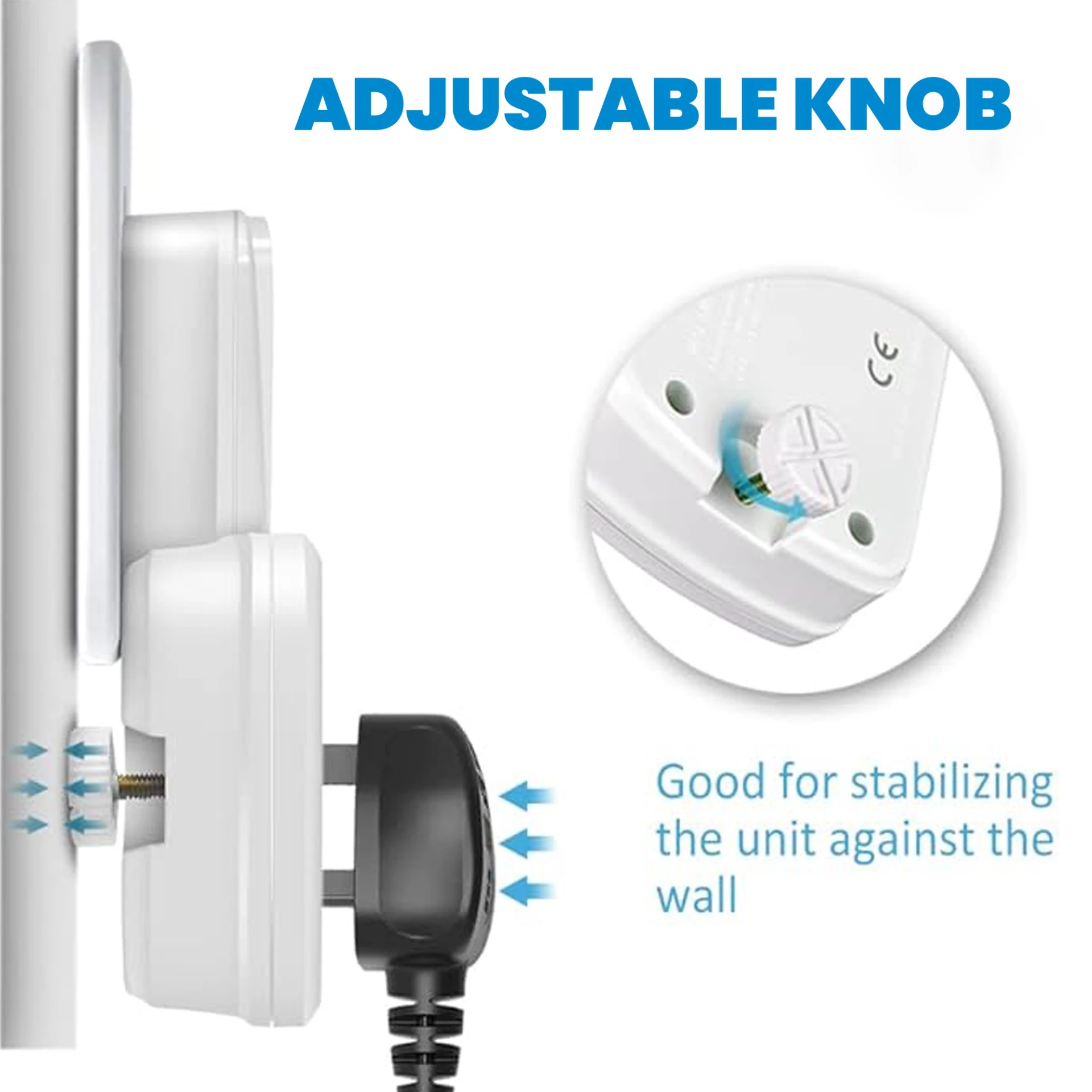Wall-mounted socket extension with adjustable knob for stability