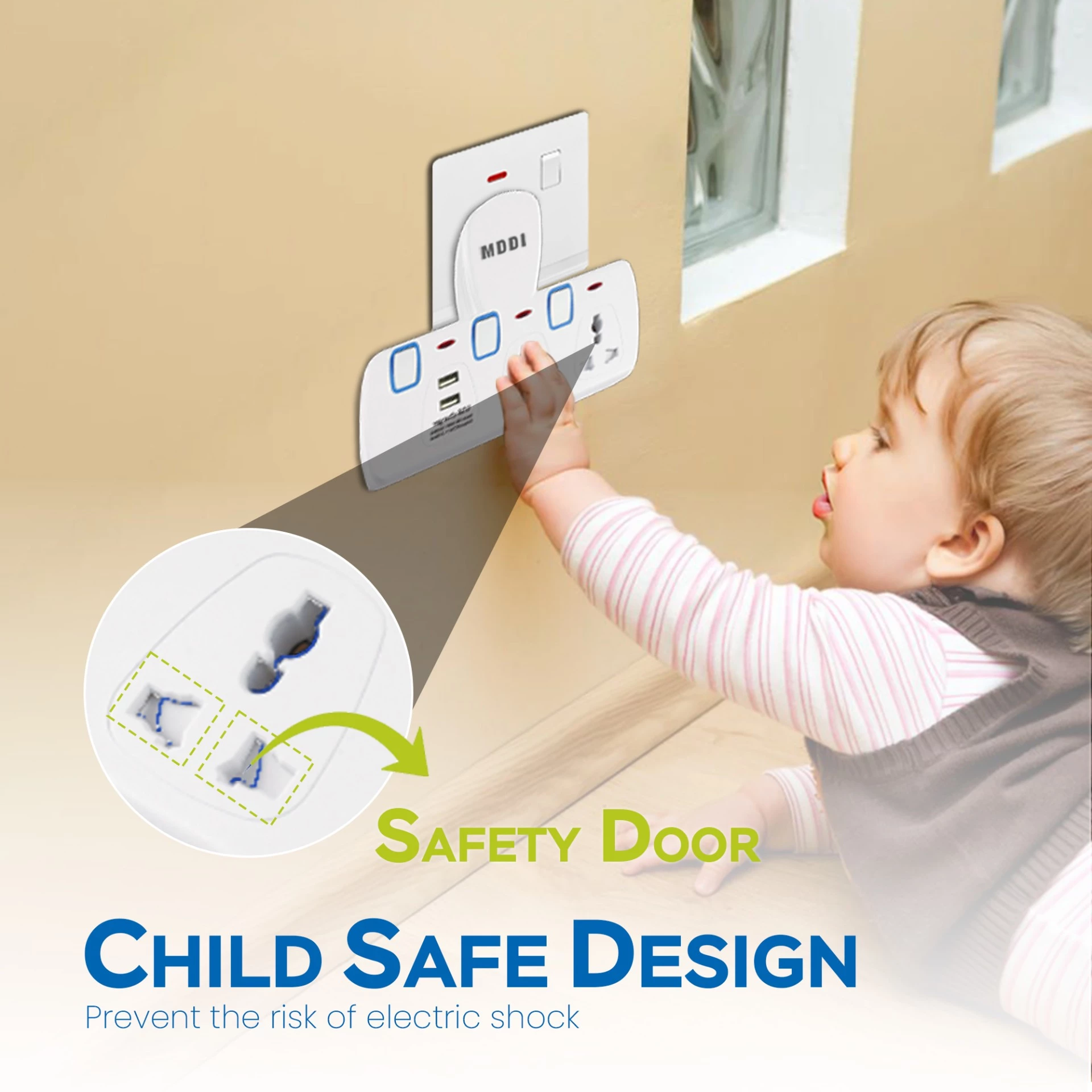 Child-safe socket design with safety door feature