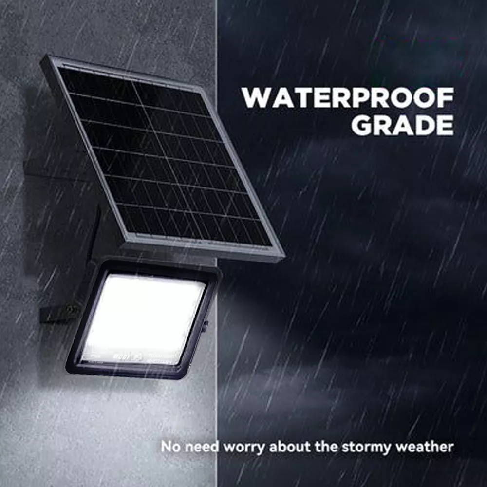 Solar LED Floodlight functioning in rainy weather showing waterproof capability