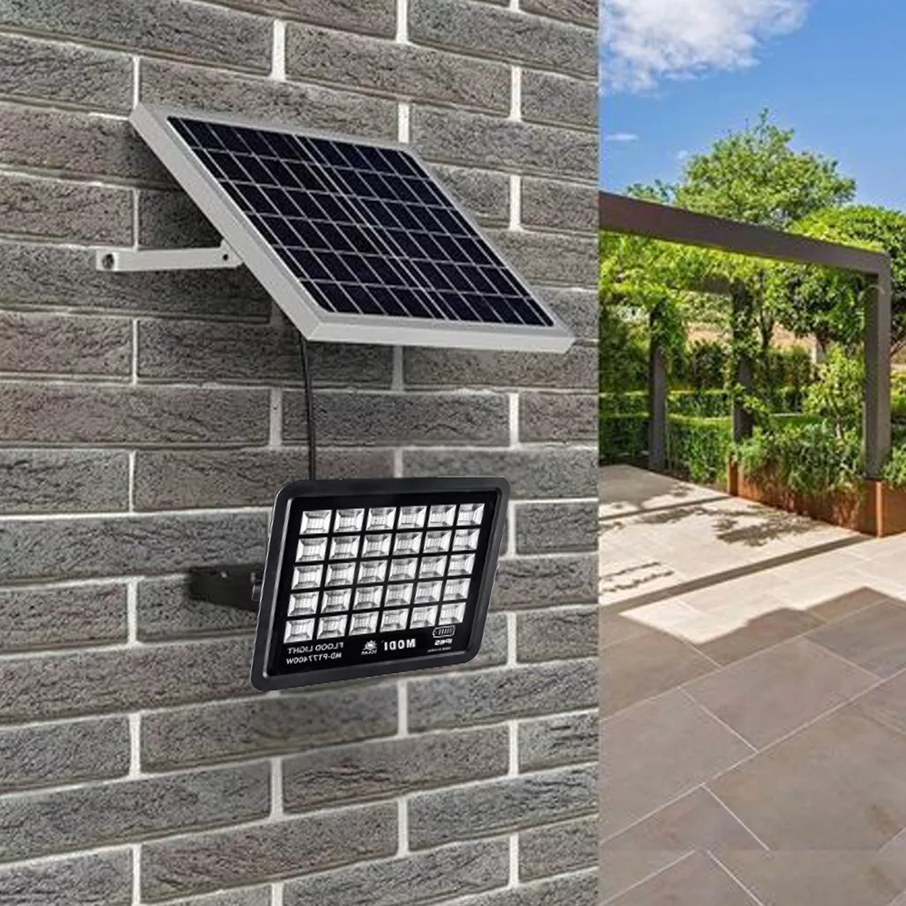 Solar-powered floodlight highlighting plants and balcony garden