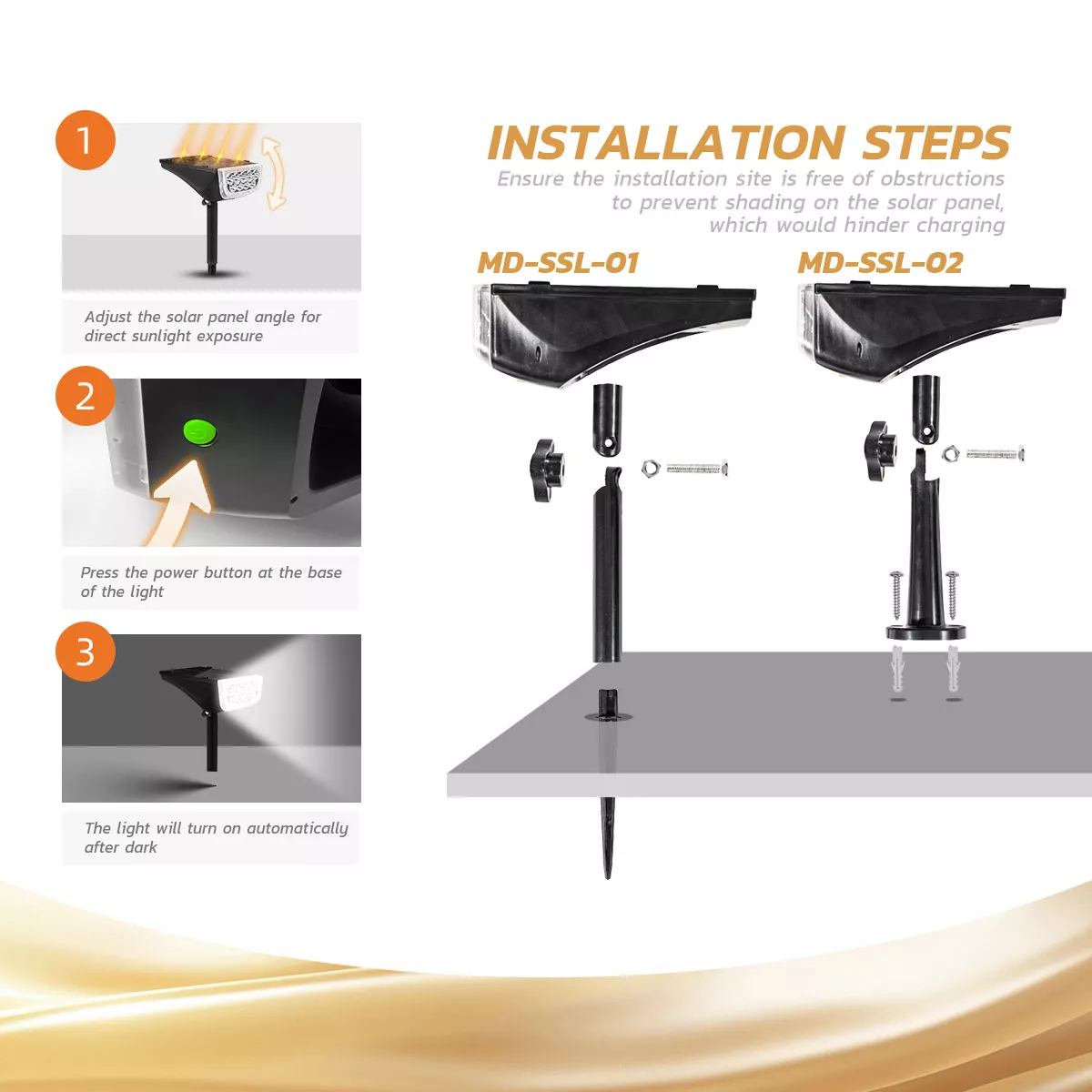 MD-SSL-01 and MD-SSL-02 solar light installation steps and parts