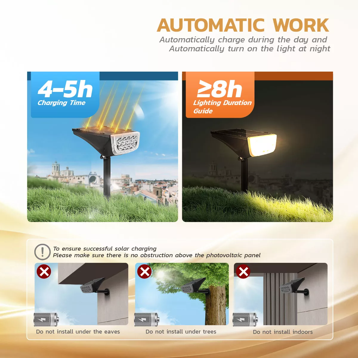 Day and night automatic solar lighting feature with charging guide