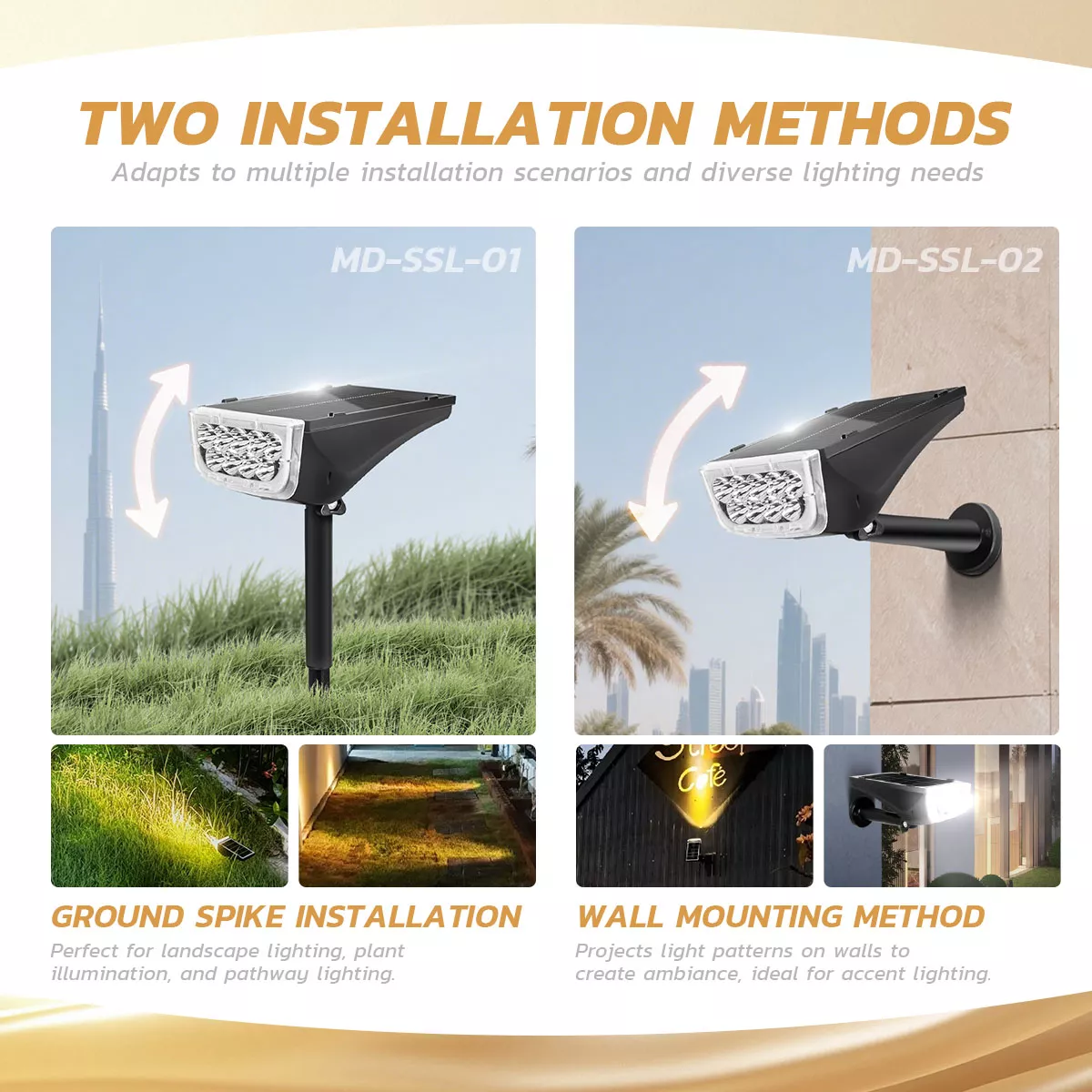 Ground spike and wall mount installation options for solar LED lights