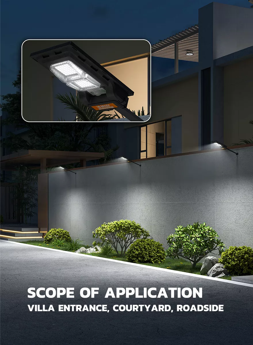 Solar street light mounted on wall with constant light mode turned on at night