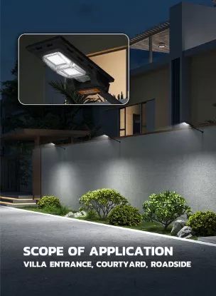 Solar street light mounted on wall with constant light mode turned on at night