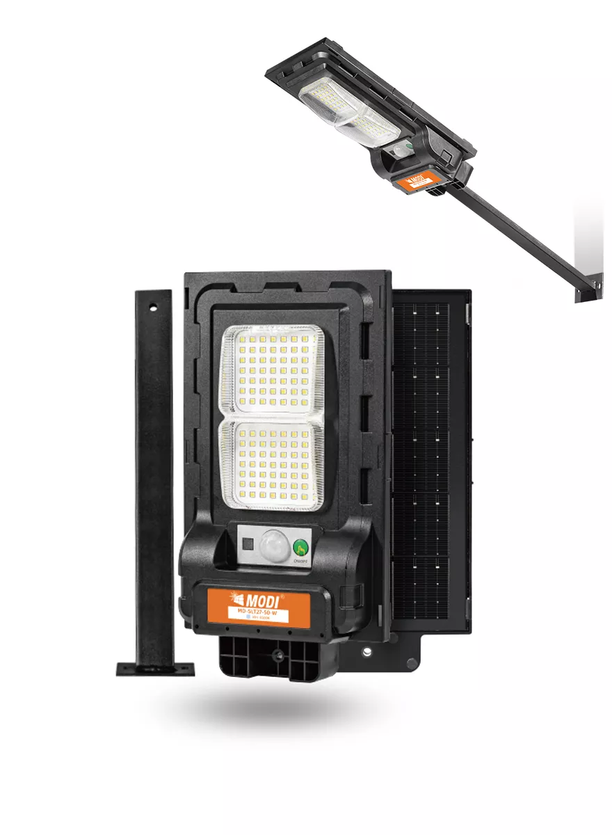 Solar street light MD-SLT27-50-W displayed with retail packaging and specifications
